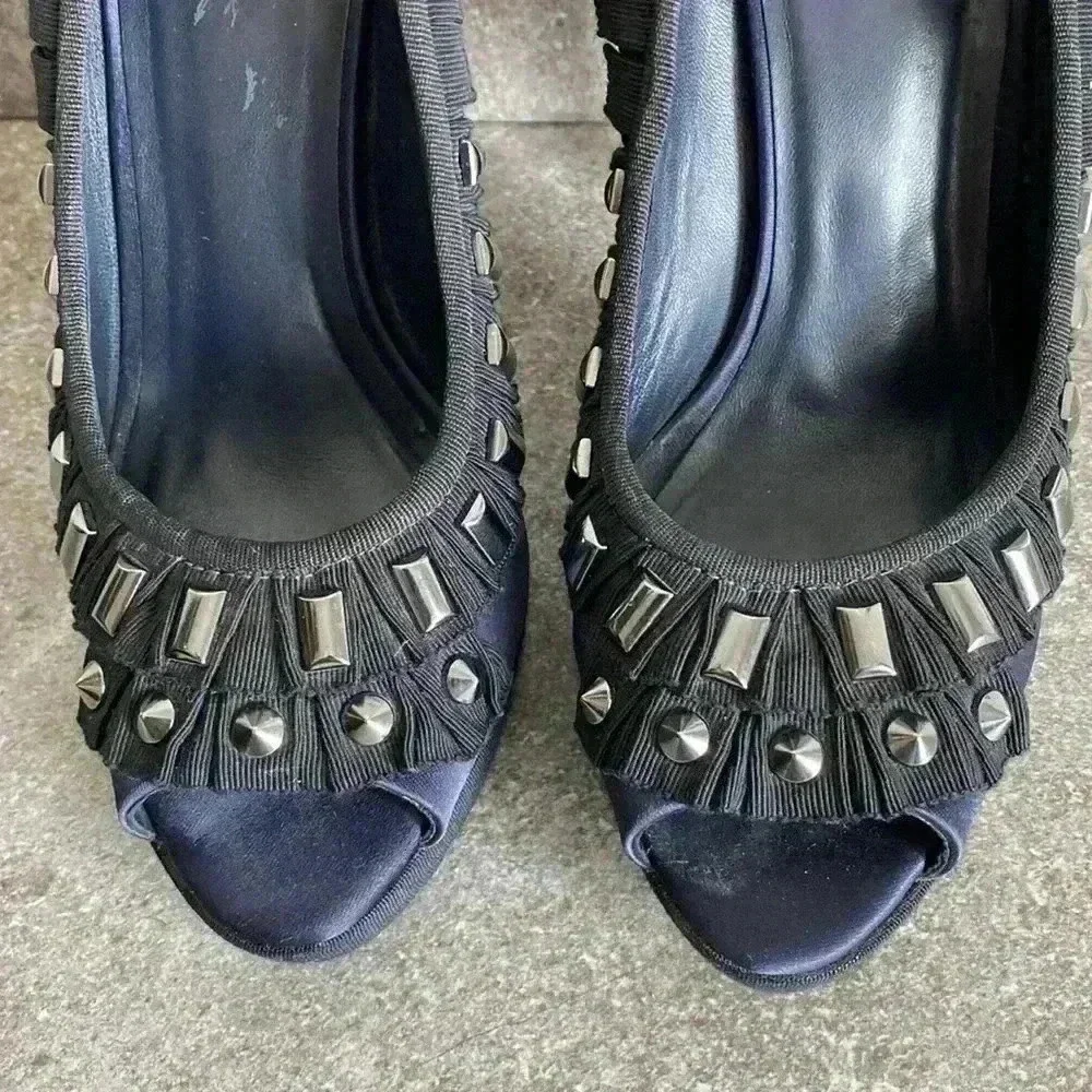 Tory Burch Peep Toe Metal Studs Black & Navy Blue Women’s Size 6.5
